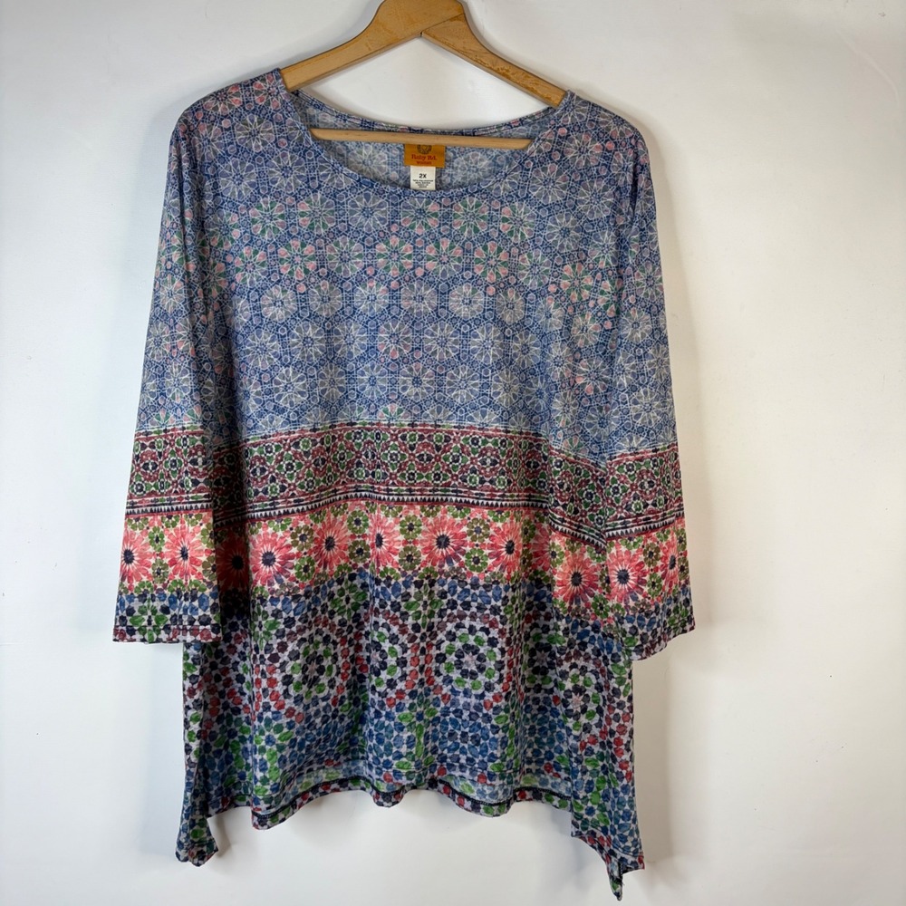 Ruby Rd Top Women 2X Blue Burn-Out Geometric Floral Mosaic 3/4 Sleeve Blouse